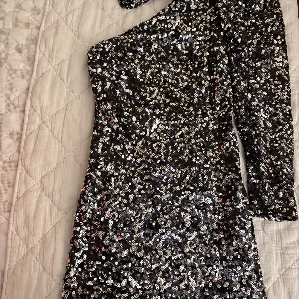 Zara Black and Silver Sequin One Shoulder Dress